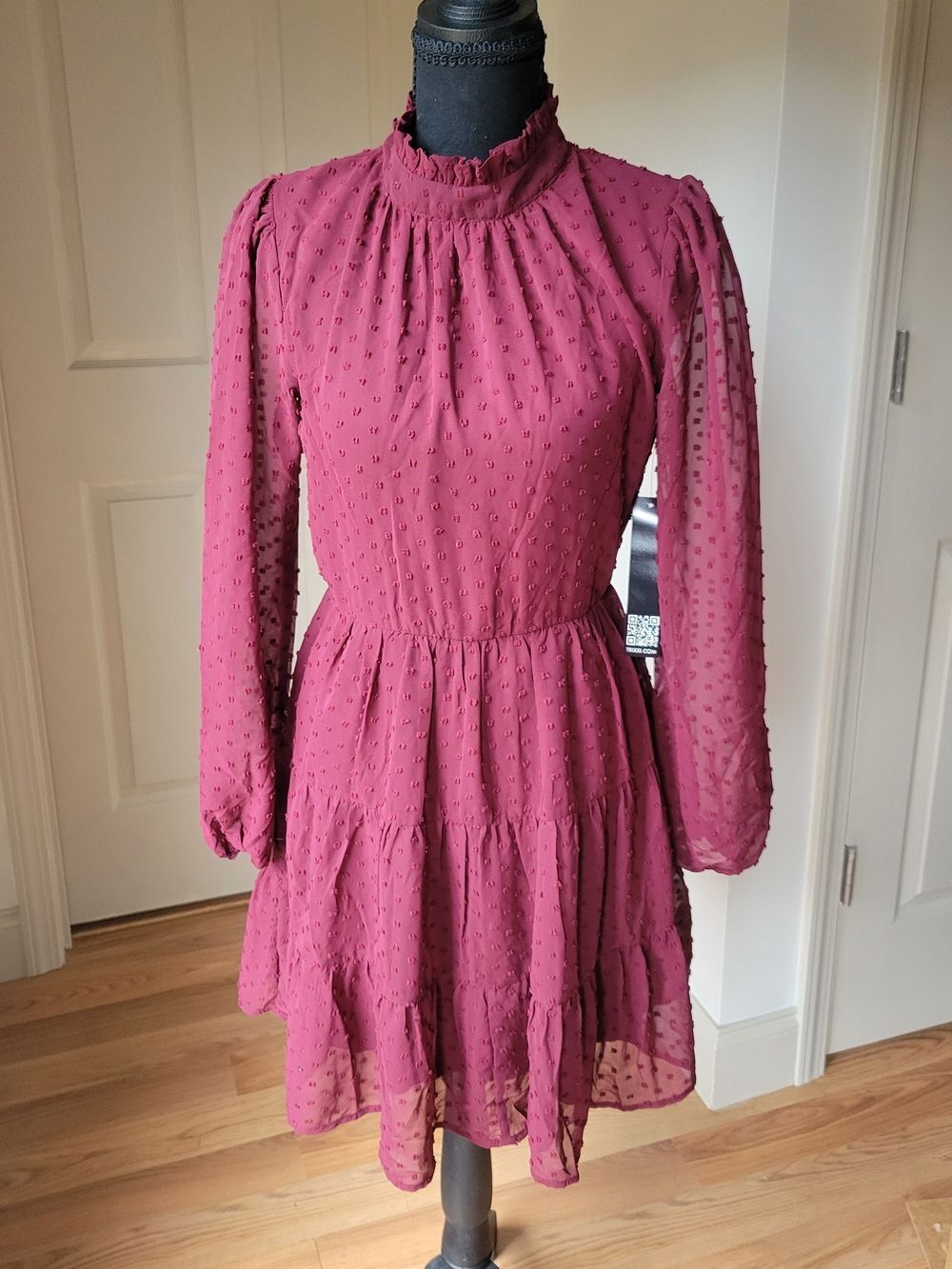 Trixxi Rose Pink Swiss Dot Long Sleeve Ruffled Neck Mini Dress Size S